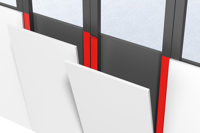 Grafik mit weissen Fassadenplatten und rotem Montageklebeband.