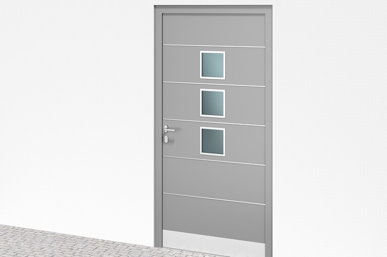 Grafik mit einer grauen Tür mit drei eingelegten Glasscheiben