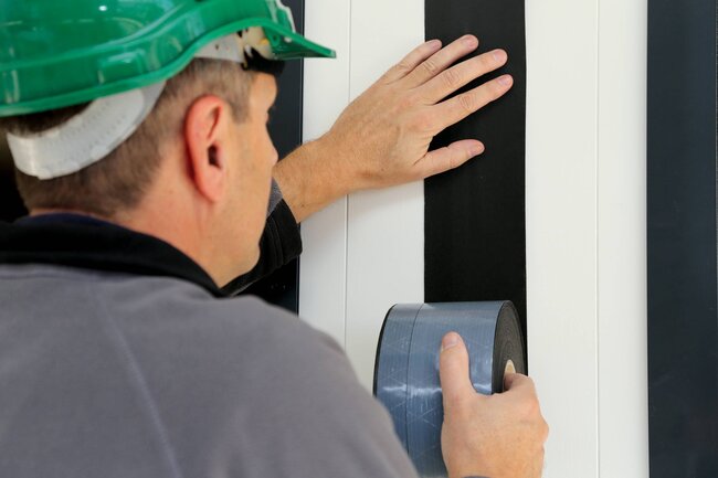 Ein Fenster auf der Wetterschutzseite wird von einem Arbeiter mithilfe des selbstklebenden Abdichtungsbandes Permafix 455 abgedichtet.