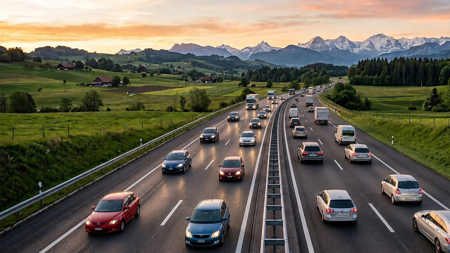 Befahrene Schweizer Autobahn bei Sonnenuntergang mit Berglandschaft im Hintergrund.
