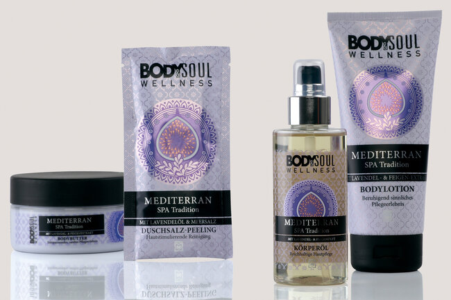 Bedruckte Tiegel, Sachet, Flacon und Tube für die Körperpflege von der Linie Bodysoul.
