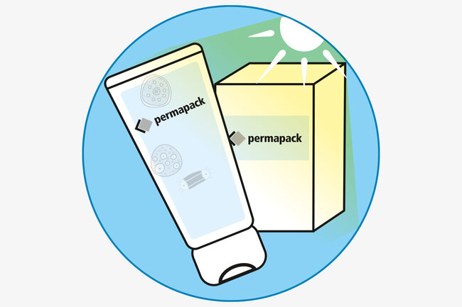 Grafik mit Tube, Verpackung und Sonne symbolisiert Aktivierung von antimikrobiellem Lack. 