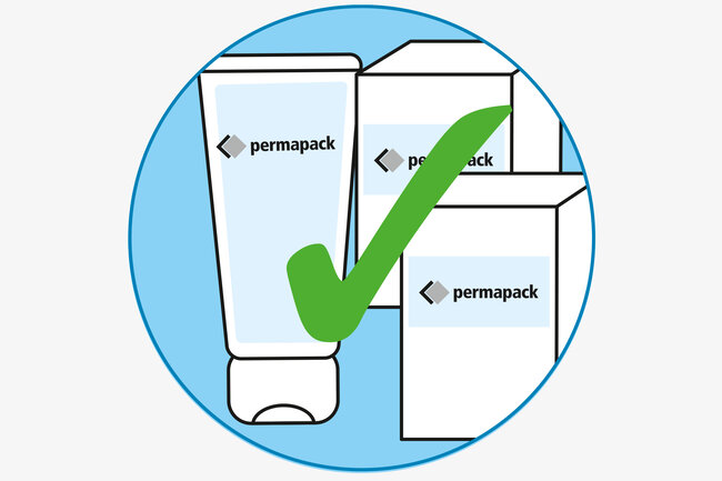 Grafik mit Tube, Verpackungen und grünem Haken symbolisiert langanhaltender Schutz, Keime werden inaktiviert.