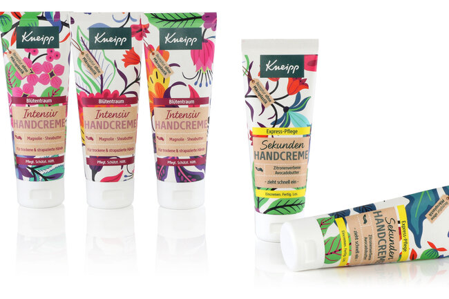 Fünf Kosmetiktuben-Unikate mit unterschiedlichen Druckbildern.