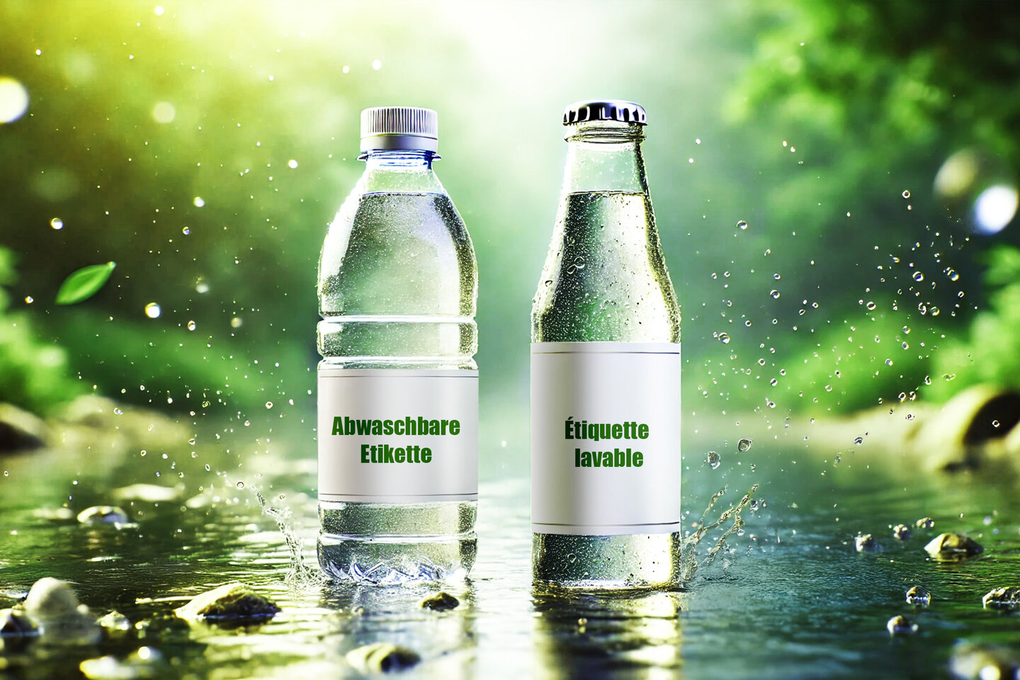 Zwei Flaschen mit abwaschbaren Etiketten stehen in einem Bach. 
