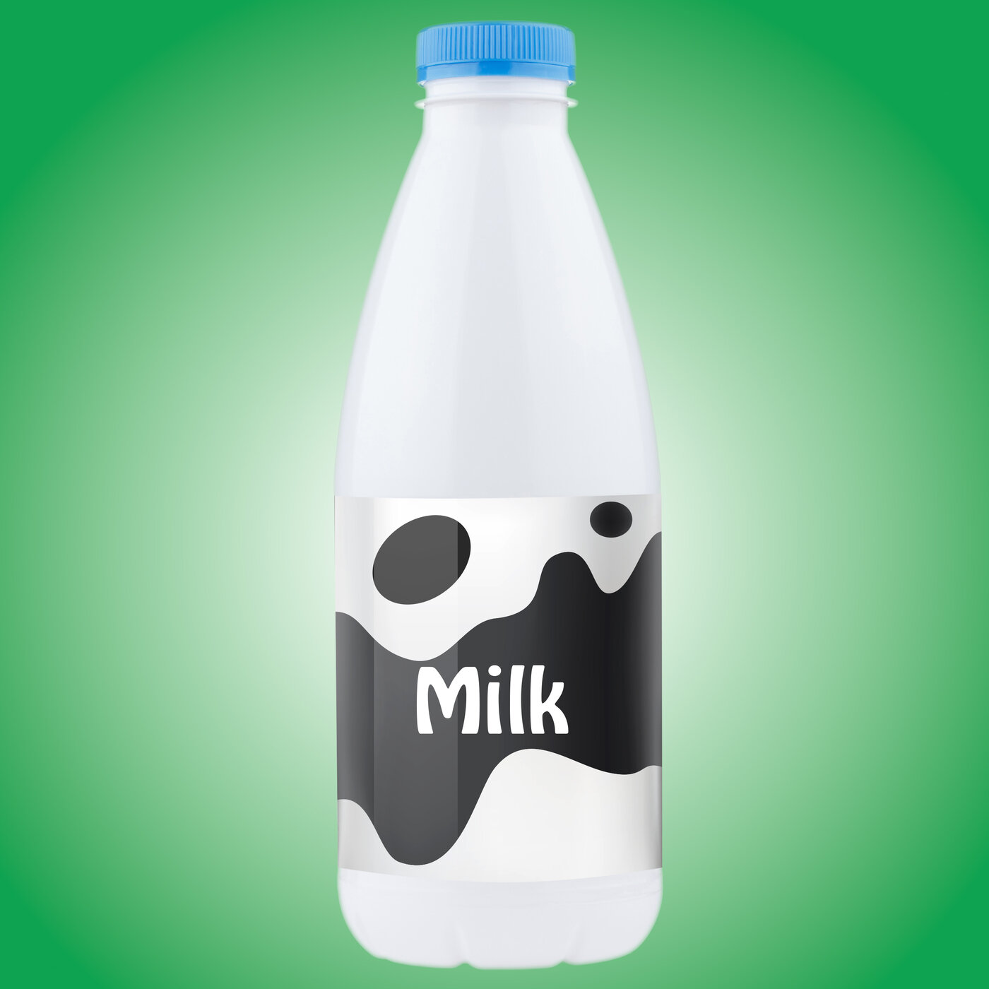 Etikette im Kuhflecken-Design auf weisser Milchflasche mit blauem Deckel und Aufschrift «Milk»