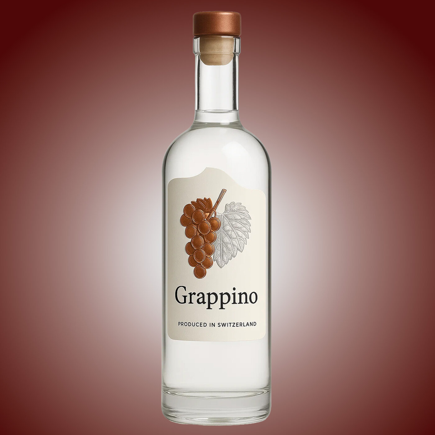 Etikette auf Grappaflasche mit Traubenillustration und Schriftzug  «Grappino – Produced in Switzerland»