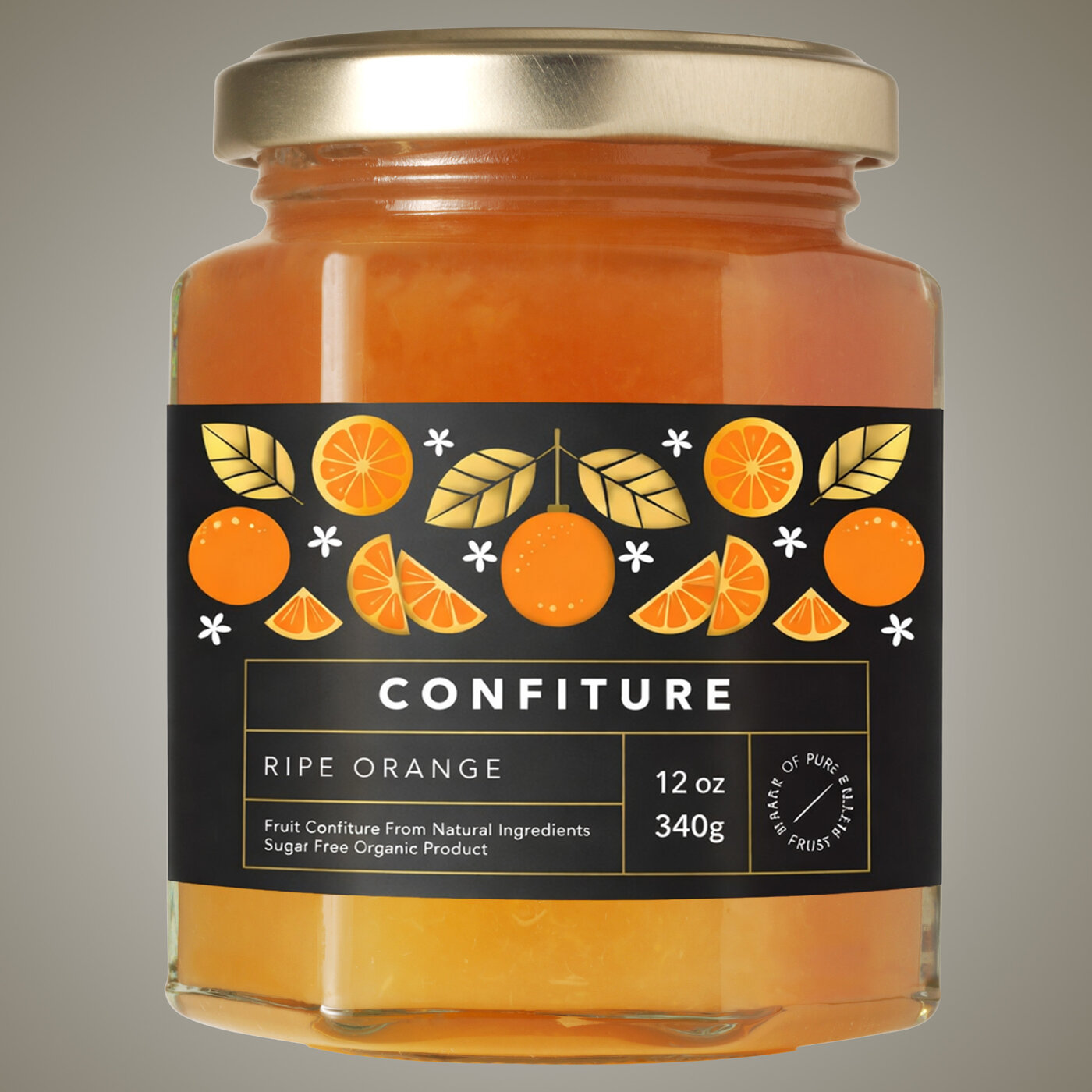 Papieretikette auf Konfitürenglas mit Orangenmotiven, Produktname «Confiture Ripe Orange» und Angabe von 340 g Inhalt