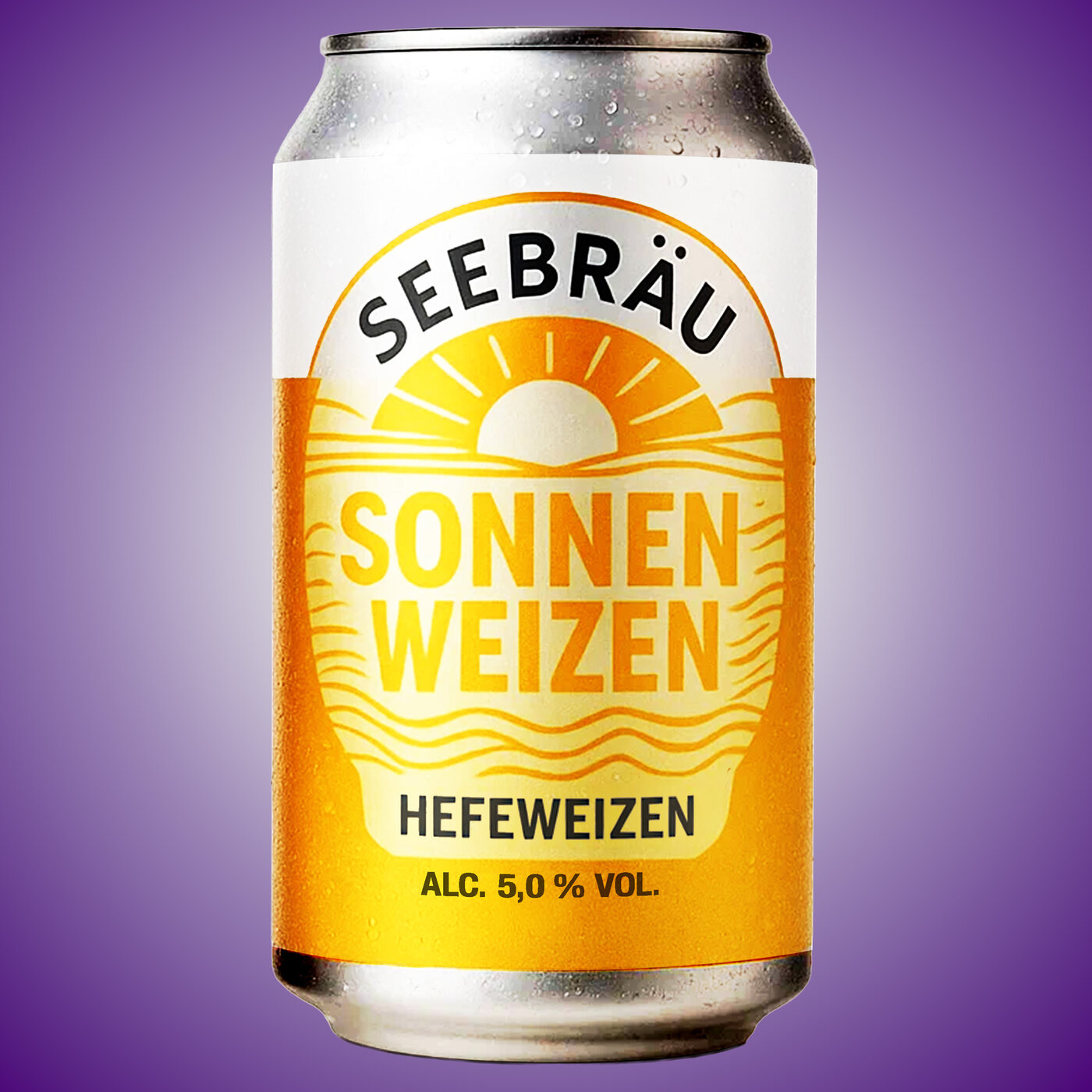 Papieretikette auf Bierdose mit gelber Sonnenillustration und Aufschrift «Seebraeu Sonnenweizen Hefeweizen»