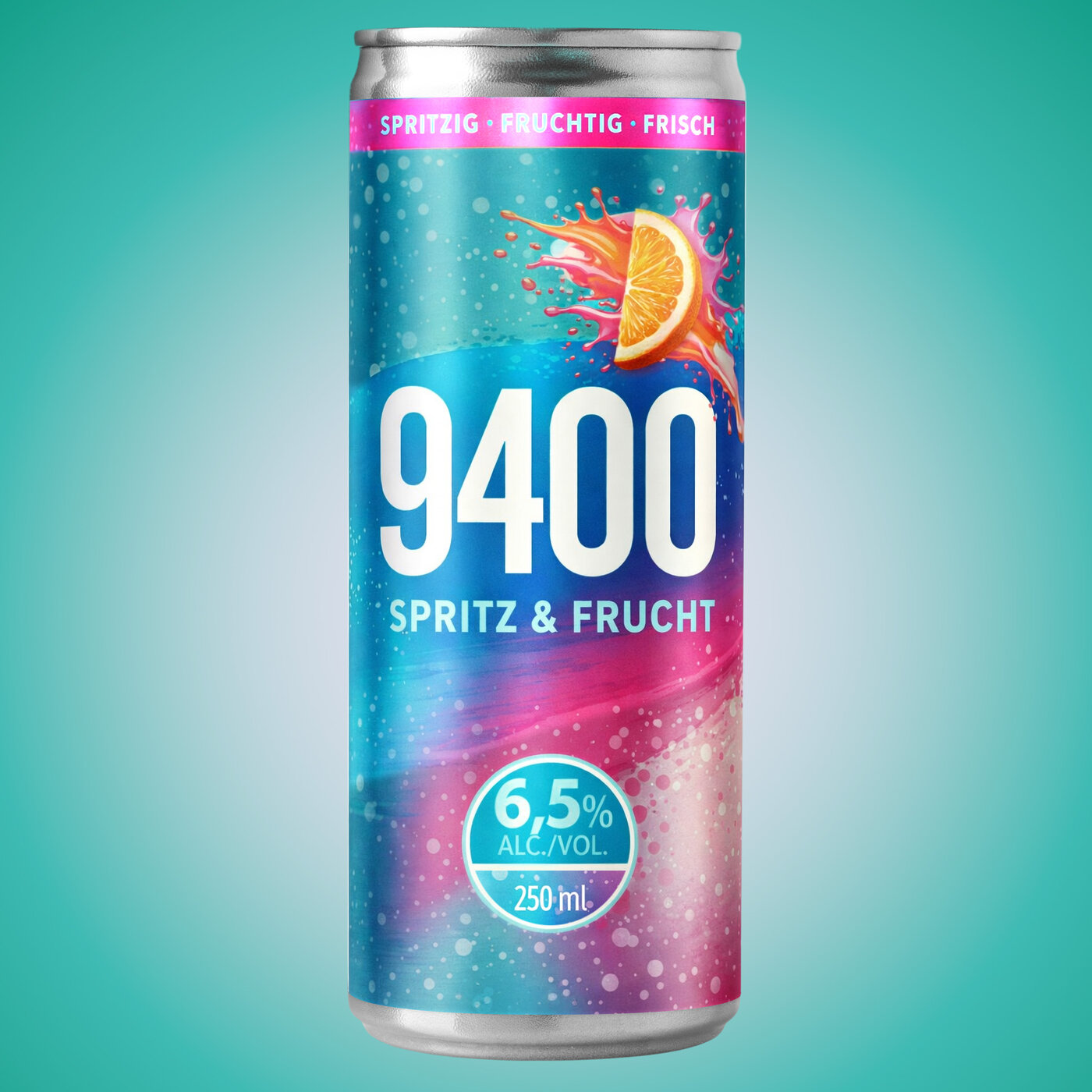 Farbenfrohe Etikette auf Getränkedose Non Label mit Aufschrift «9400 Spritz & Frucht», Orangensplash und 6,5 % Alkoholgehalt