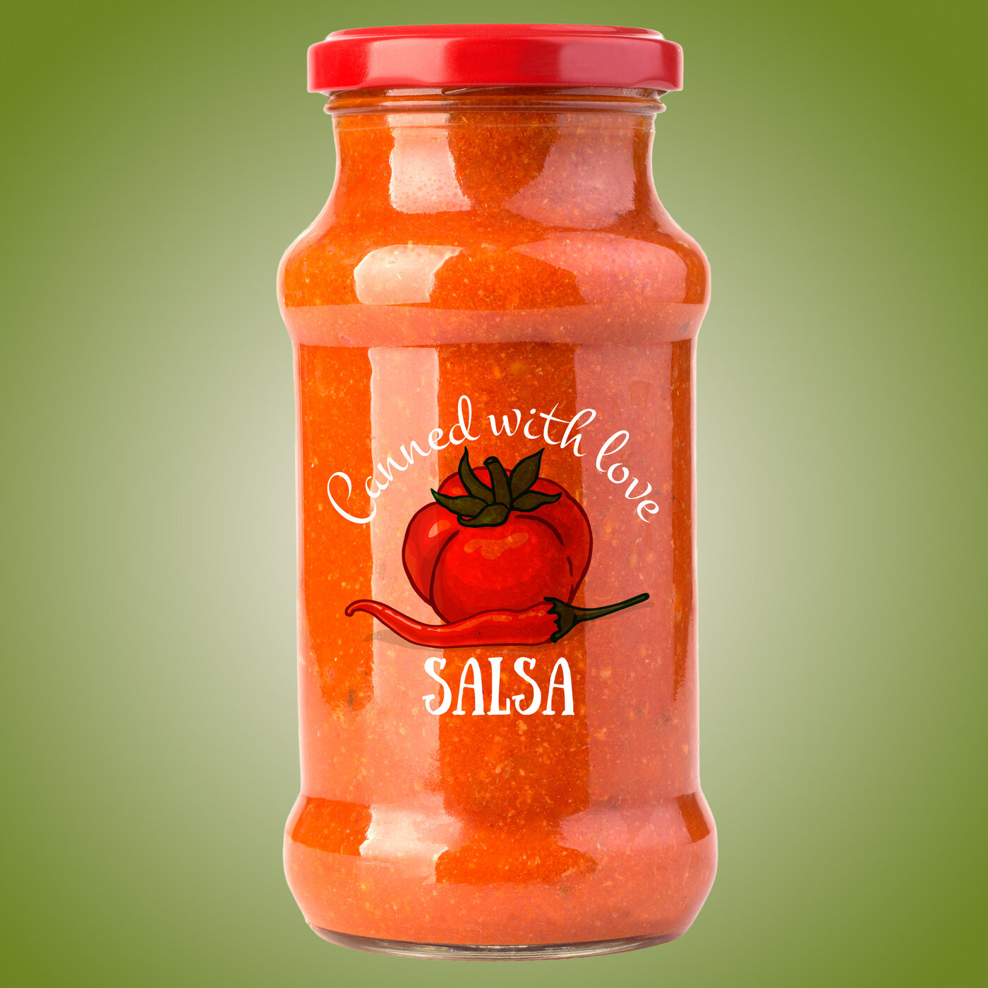 Etikette auf Salsaglas mit roter Tomate, Chilischote und Schriftzug «Canned with love – Salsa» in verspielter Typografie