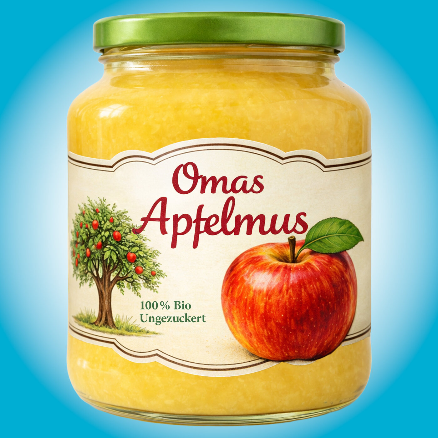 Etikette auf Apfelmusglas mit rotem Apfel, Baumgrafik und Schriftzug «Omas Apfelmus»