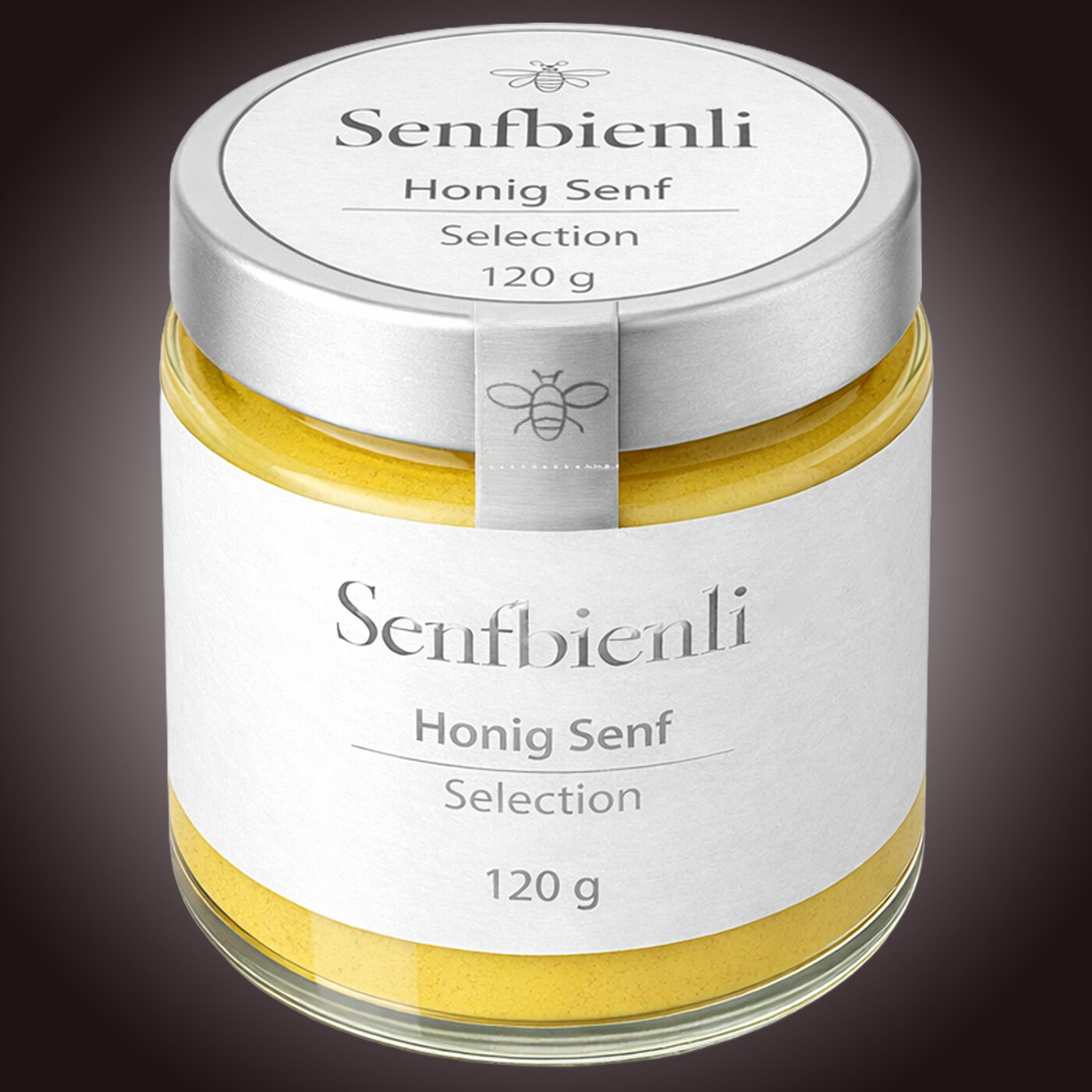 Etikette auf Glas mit Honigsenf «Senfbienli» in Silberprägung und schlichter Typografie für 120 g-Inhalt