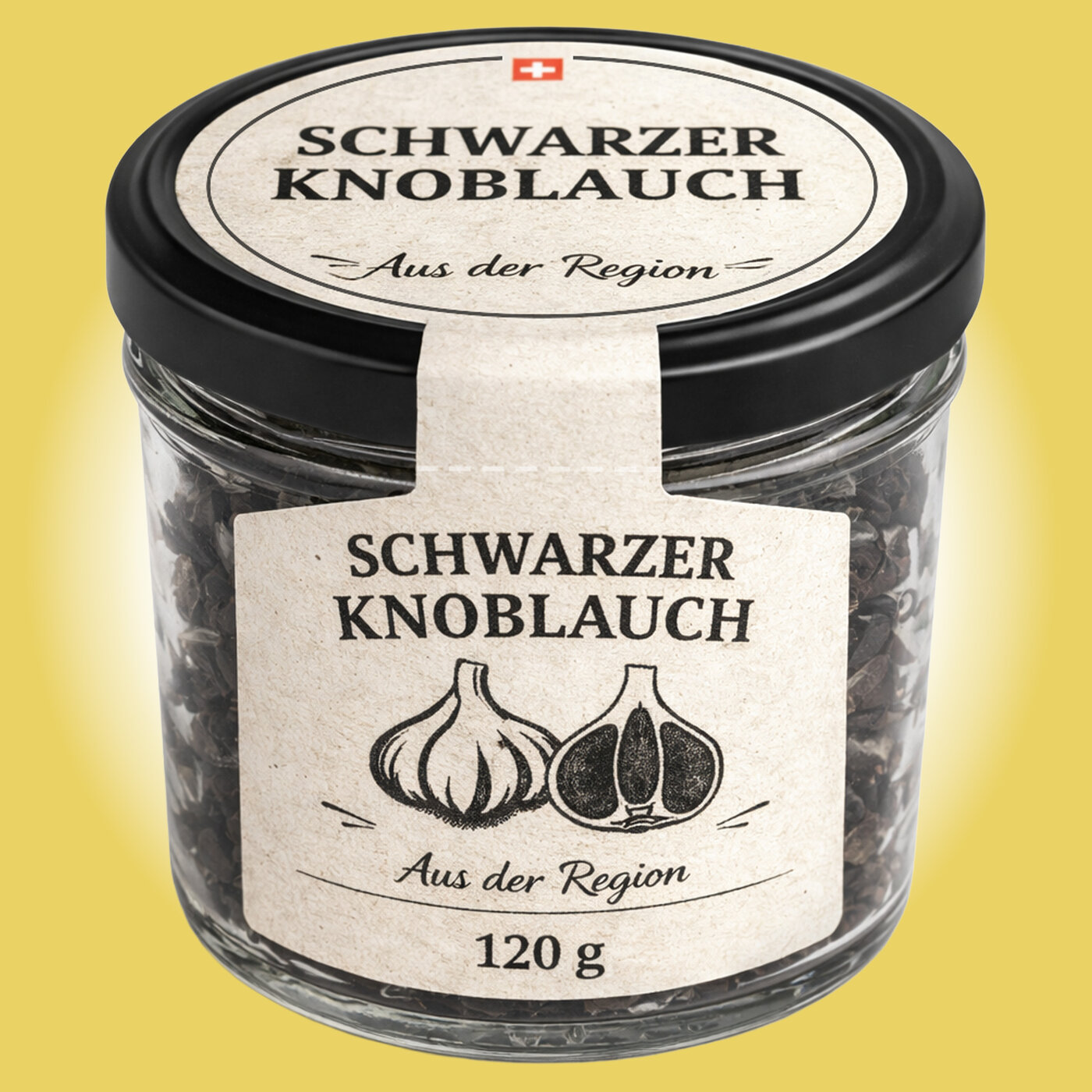 Etikette auf Vorratsglas mit schwarzem Knoblauch, regionaler Herkunftsangabe und Illustration zweier Knoblauchknollen