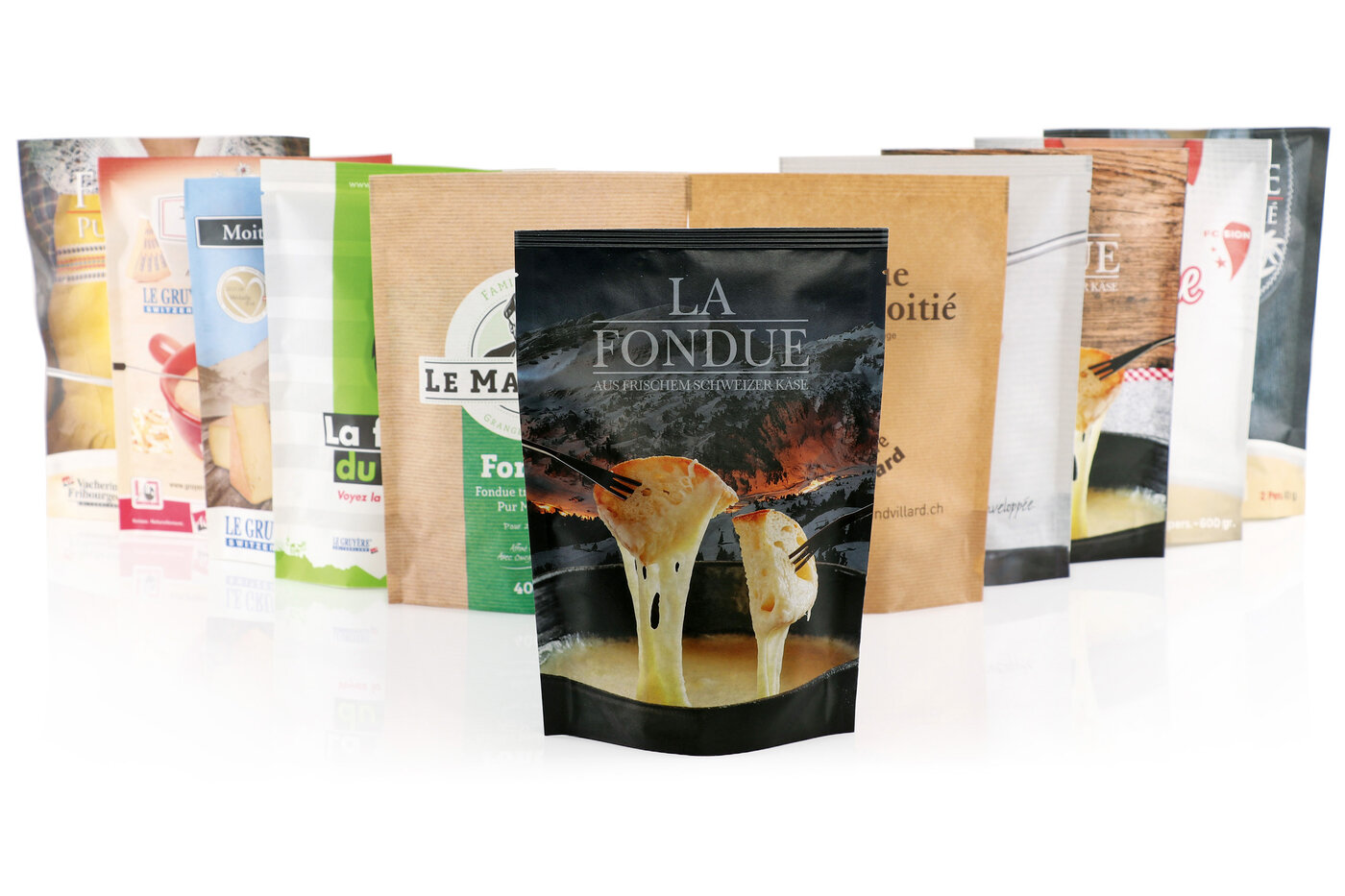 Kollektion von individuell bedruckten Fonduebeuteln.