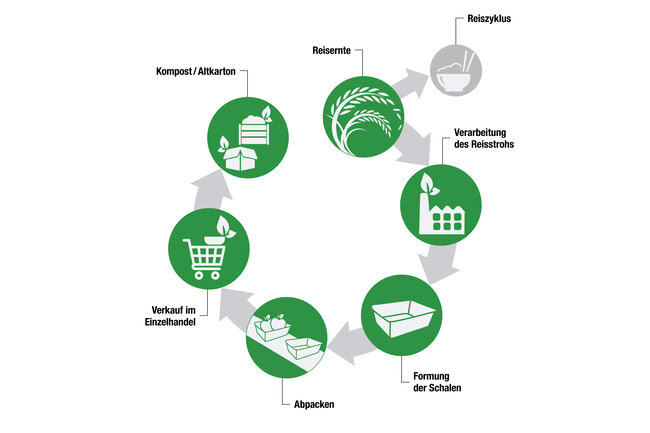 Grafik mit Produktzyklus von Reisstrohschalen von der Reisernte bis zum Kompostieren.
