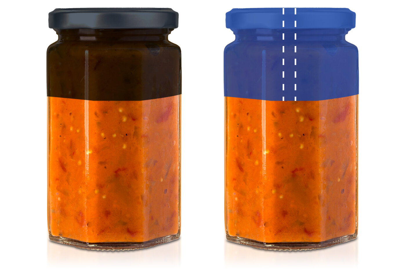 Zwei volle Einmachgläser, der linke hat einen schwarzen Deckel und der rechte hat einen blauen Deckel und zwei parallel gestreifte Linien, die man abreissen kann.