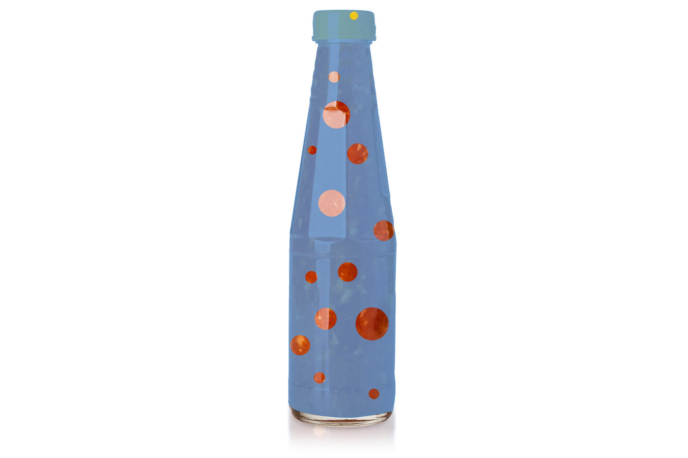Eine Flasche mit einer blauen Shrink Sleeve, welche Löcher hat, die die Flasche zeigen.