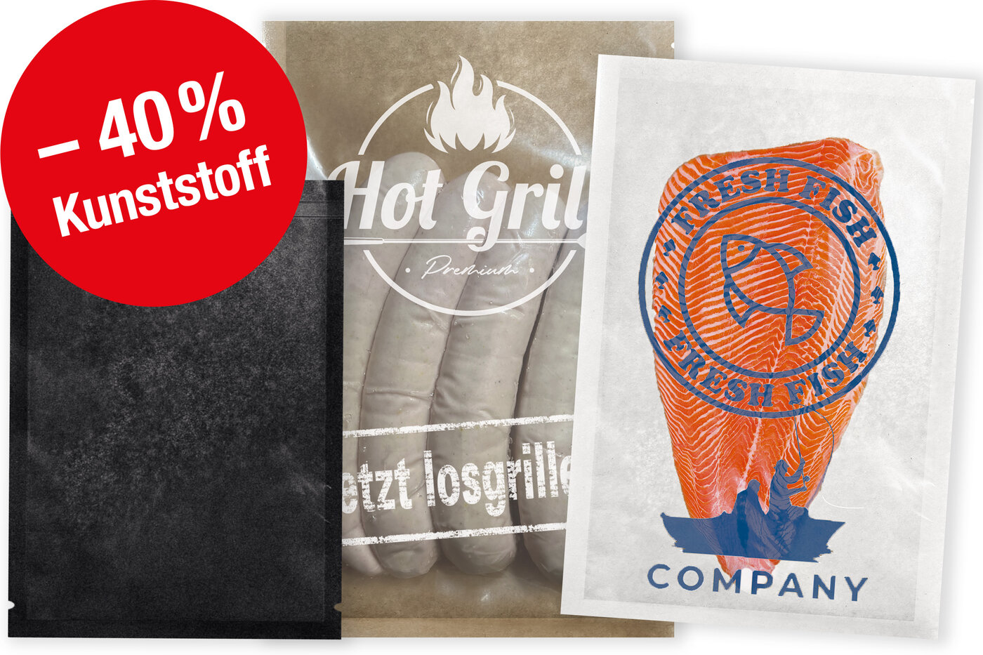 Drei Vakuum Fresh Bags, einer mit einem schwarzen, einer mit einem braunen und einer mit einem weissen Papierrücken.