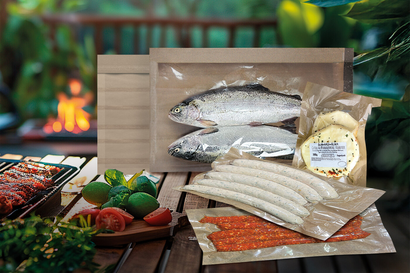 Verschiedene nature-Fresh-Bag-Varianten gefüllt mit Fisch, Bratwürsten und Grillkäse auf einem Terrassentisch