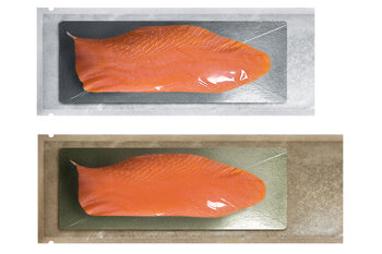 Zwei Lachsfilets in Vakuumbeuteln.