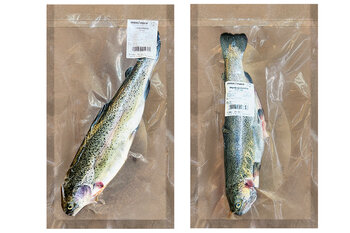 Zwei vakuumverpackte Forellen