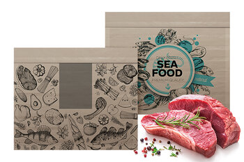 Zwei unterschiedlich bedruckte nature Fresh Bags ECO mit zwei saftigen Steaks davor.
