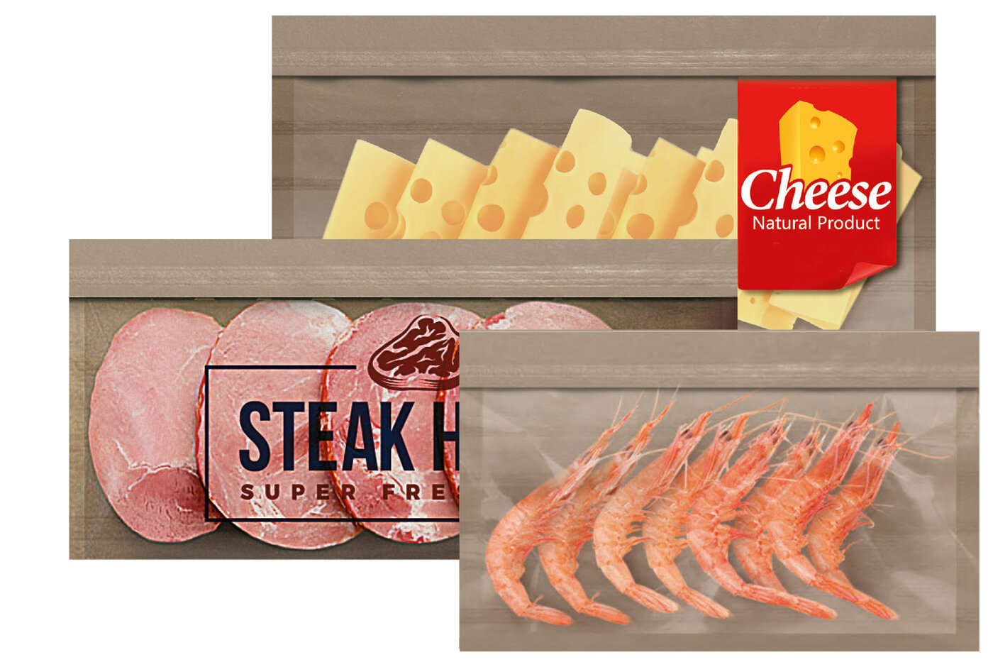 Drei Fresh Bags ECOplus, einer ist mit Käse, einer mit Schinken und einer mit Crevetten gefüllt.