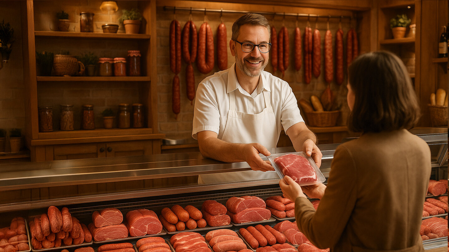 Ein Metzger hinter der Theke reicht einer Kundin ein vakuumverpacktes Steak.