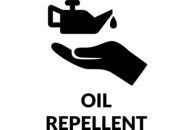 Ein Piktogramm einer Hand mit Handfläche nach oben, oberhalb eine Ölkanne, unten im Bild ein englischer Text "ölabweisend"