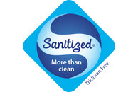 Ein blaues Symbol mit englischem Text in der Mitte "hygienisch", unter diesem Text ein kleinerer Text "mehr als sauber"