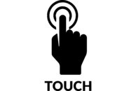 Ein Piktogramm einem ausgestreckten Finger, der auf einem Kreis tippt, unten im Bild steht auf englisch "berühren" 