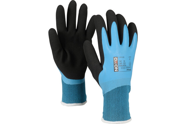 Ein Paar hellblau-schwarze Winterhandschuhe