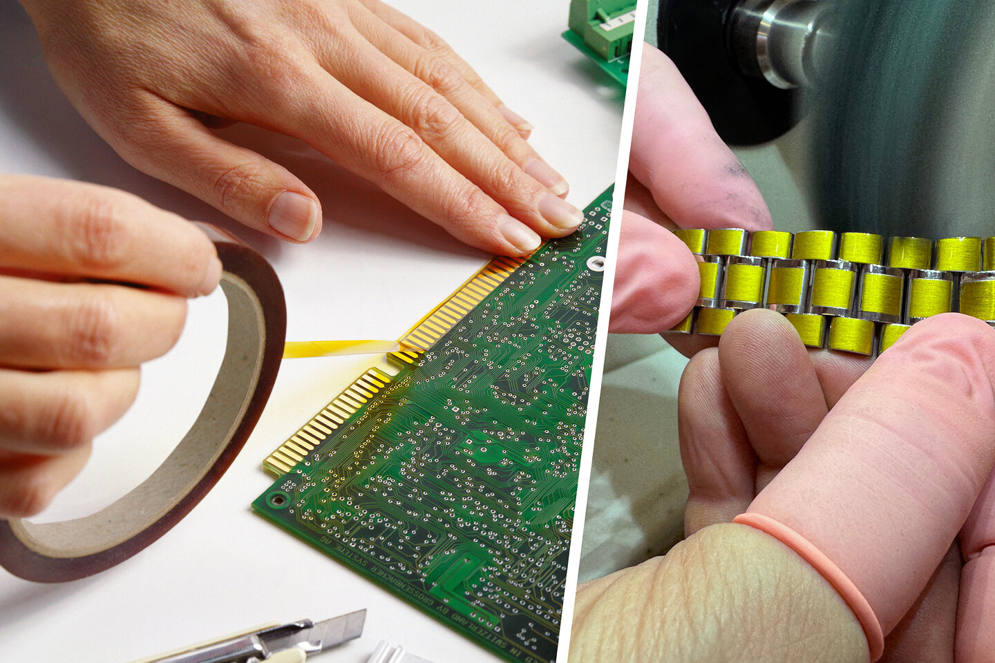 Das Bild zeigt zwei Anwendungen: Links das Abkleben einer Leiterplatte und rechts die Bearbeitung eines Metallarmbands.