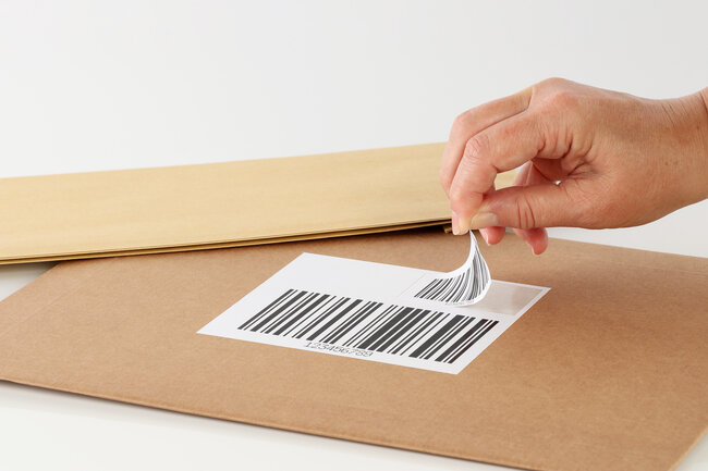 	 Deutsch   Piggy-Back-Etikette auf einem Versand-Couvert aus Karton