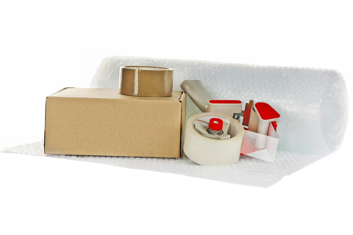 Luftpolsterfolie, Verpackungsklebeband und Abroller 