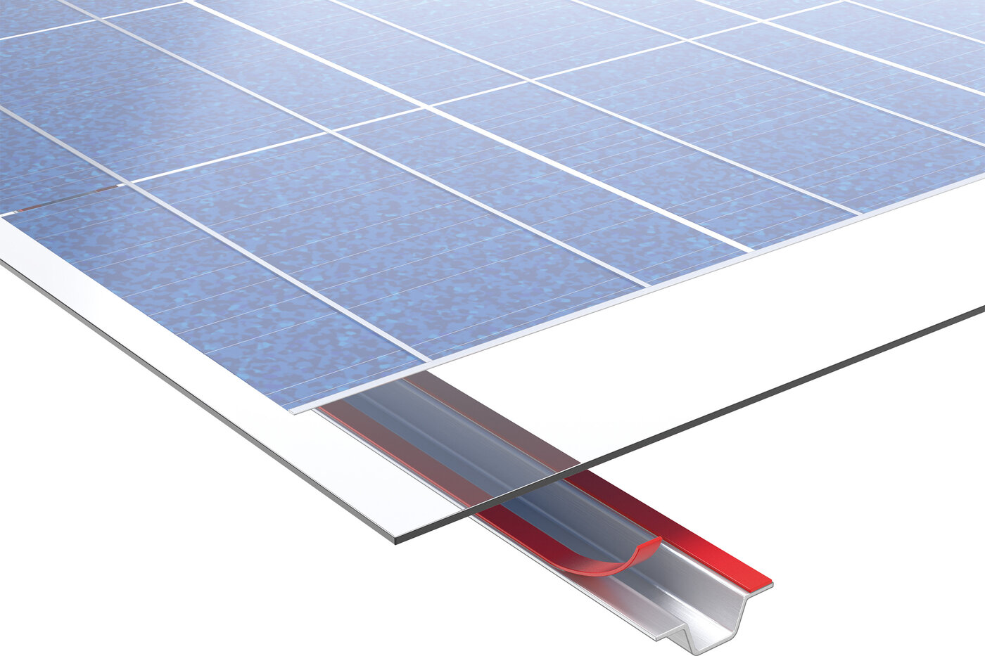 Illustration: Die Rückenschienen einer PV-Anlage mit VST-Montageklebebänder befestigt.