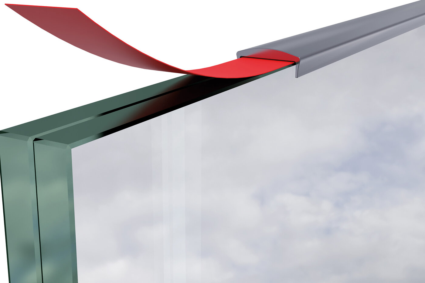 Glasgeländer, auf das der Handlauf mit VST-Klebeband aufgeklebt wird. 