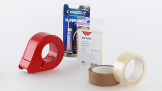Bürobedarfprodukte - Klebebandabroller, Adressetiketten, Cyanolit KLeber und Verpackungsklebebänder