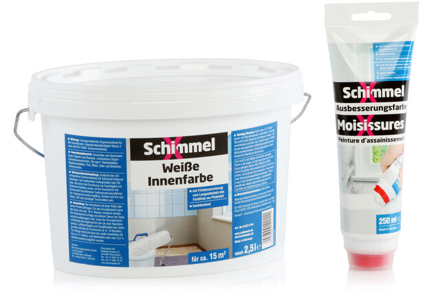 Ein Kübel weisse Innenfarbe der Marke Schimmel X und eine Tube Ausbesserungsfarbe der Marke Schimmel X