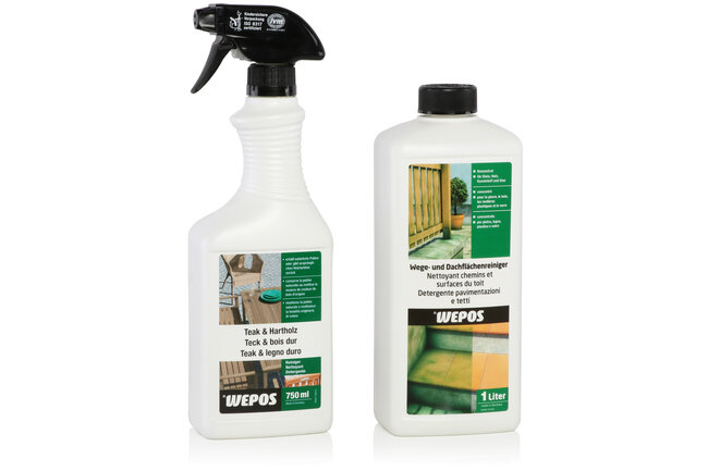Eine Flasche Teak- und Hartholz-Reiniger neben einer Flasche Wege- und Dachflächenreiniger 