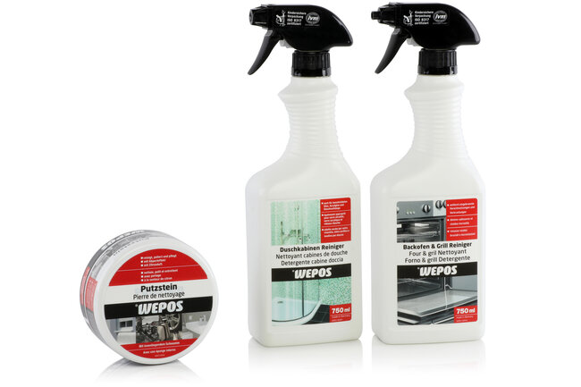 Drei Produkte der Marke Wepos, ein Putzstein, ein Duschkabinenreiniger und ein Backofenreiniger 