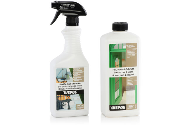 Eine Flasche Rostfleckenentferner und eine Flasche Reinigungsmittel für Fliesen- und Steinoberflächen der Marke Wepos