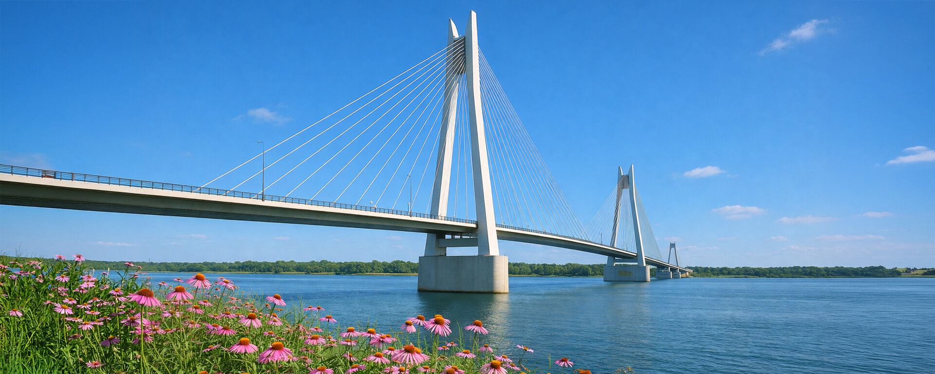 Moderne Schrägseilbrücke über einen breiten Fluss vor blauem Himmel
