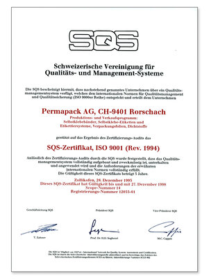 SQS-Zertifikat aus dem Jahr 1995 