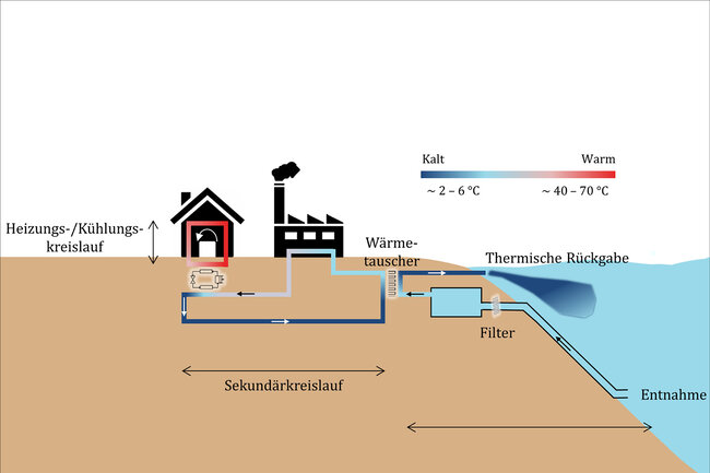 Grafik zur Funktion von Seewassernutzung für Kühlung und Heizung