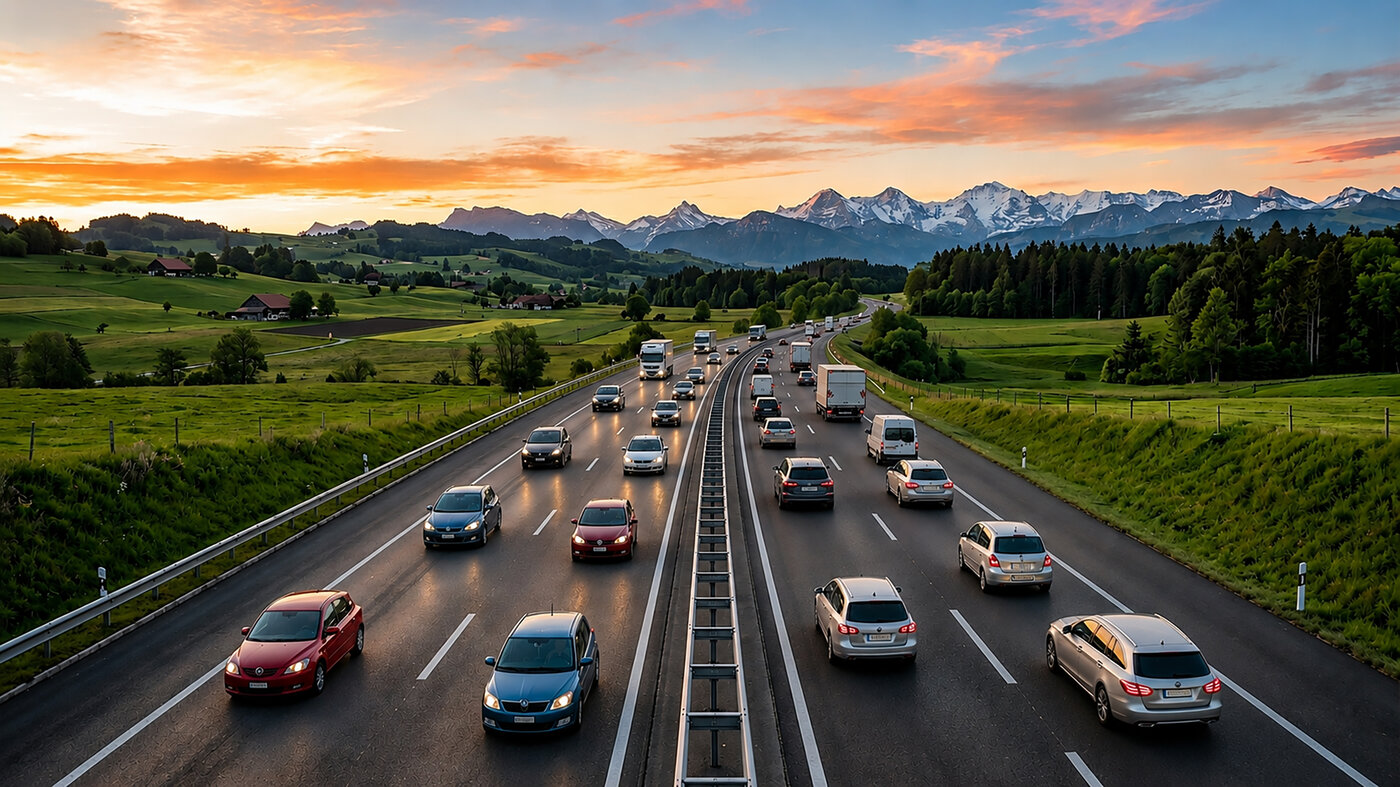 Befahrene Schweizer Autobahn bei Sonnenuntergang mit Berglandschaft im Hintergrund.