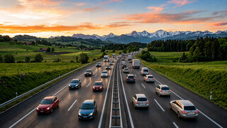 Befahrene Schweizer Autobahn bei Sonnenuntergang mit Berglandschaft im Hintergrund.