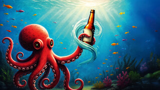 Ein Tintenfisch unter Wasser hält eine Bierflasche in einem seiner Arme.