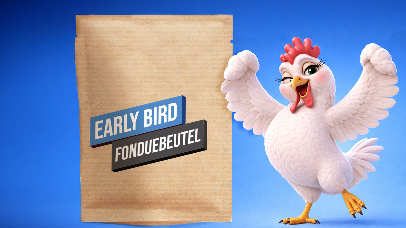 Ein weisses Huhn bejubelt die Early-Bird-Aktion für Fonduebeutel.